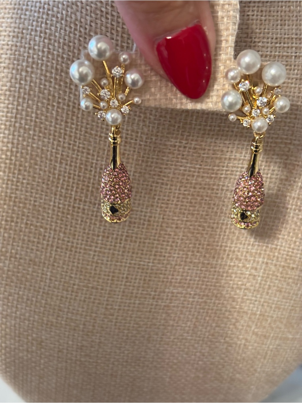 Pearl & Pink Crystal Gold Drop Champagne Bottle Earrings - Women Jewelry